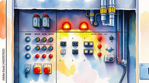 Industrial control panel with buttons, switches, and colorful wiring in a factory setting.