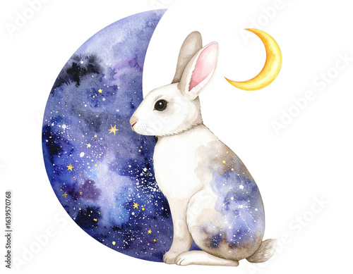 Celestial Rabbit Sitting Under Crescent Moon with Starry Galaxy Fur, PNG Transparent