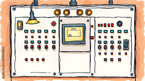 Industrial control panel with buttons, switches, and colorful wiring in a factory setting.