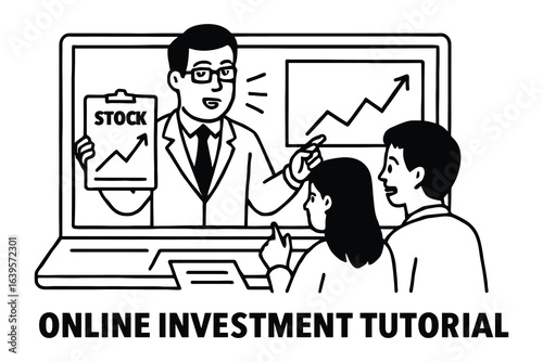 Man teaching online investment tutorial with stock market graph on laptop screen to two students