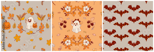 Three decorative Halloween wallpaper designs. Flowers, autumn yellow leaves, and ghosts. Cartoonish traditional holiday symbols. Seamless orange-gray sweet pattern print.

