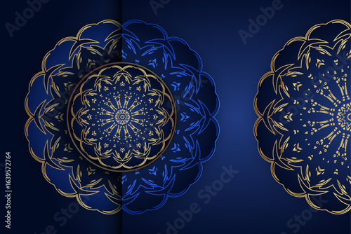 Symmetrical mandala art on blue and gold plates with ornate metallic details and central floral star pattern