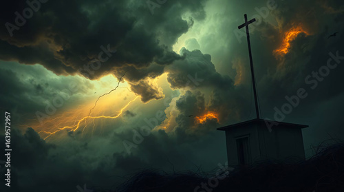 A cross silhouetted against a dramatic sky with dark clouds, creating a striking contrast.