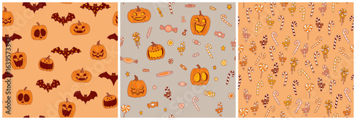 Three decorative Halloween wallpaper designs. Cartoon pumpkins, candies, and candy canes. Seamless orange and gray sweet pattern print.
