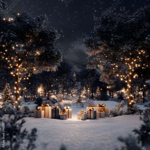 Glowing village in snowy forest on Christmas night