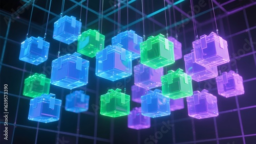 Digital Abstract Neon Blocks on Dark Grid Background for Technology and Blockchain Concepts