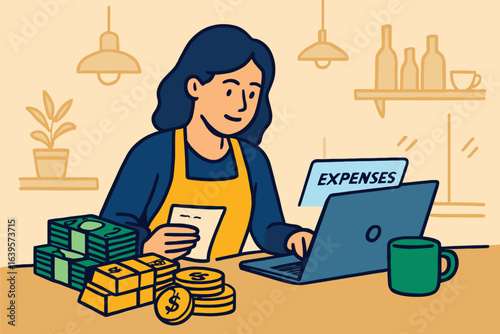 Woman working on laptop with money and gold bars on desk managing expenses
