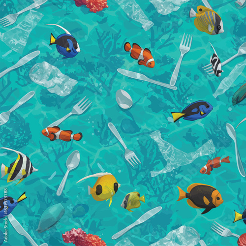 Colorful fish swim amidst a polluted ocean floor littered with plastic cutlery and debris.