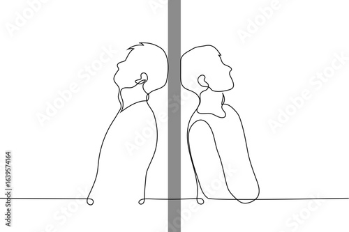 Photos men standing with their backs to each other leaning against the wall - one line art vector