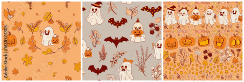 Three decorative Halloween wallpaper designs. Cartoon ghosts are trick-or-treating. Seamless orange and gray pattern print.