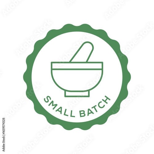 Small Batch Production Badge in Minimal Green Seal with Mortar and Pestle Icon