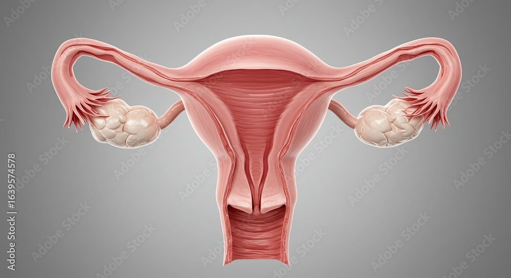Obraz premium Uterus Anatomy with Fallopian Tubes and Ovaries on Gray Background