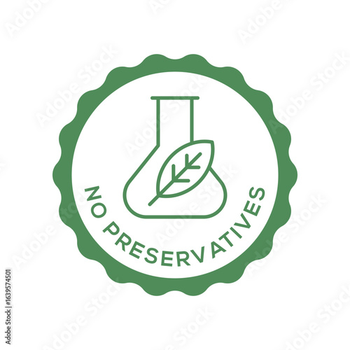 No Preservatives Certification Badge with Test Tube Icon in Green Circular Seal