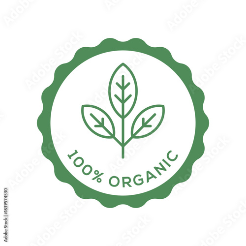 100 Percent Organic Certification Badge in Minimal Green Seal with Leaf Icon
