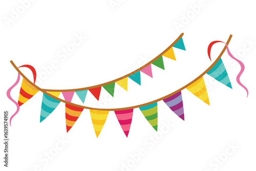 Festive garland of bunting flags ideal for party decorations celebrations holiday events and cheerful designs featuring pink ribbons and triangular banners on a white background