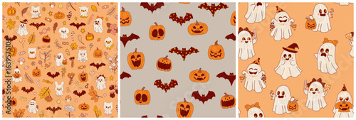 Three decorative Halloween patterns set in cartoon children's style orange gray colors. Funny characters holiday symbols for wrapping paper and textiles.
