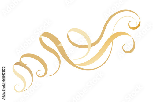 Elegant golden swirls ribbon design with graceful curls on white background for invitation cards and decoration projects