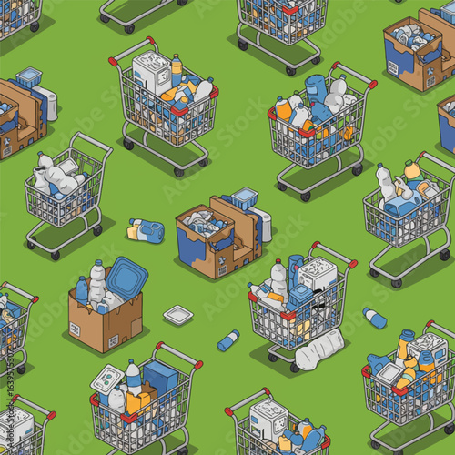 Overcrowded shopping carts filled with discarded items, forming a repeating pattern on a grassy field, illustrating waste and consumerism.