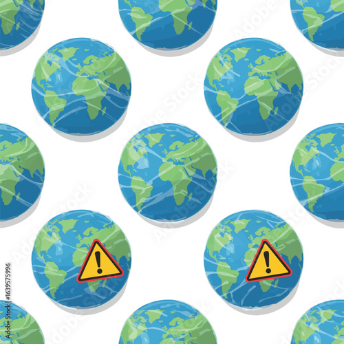 Plastic suffocates Earth; repeating pattern of globes wrapped in plastic film, warning signs.