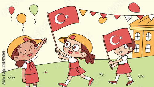 Cute cartoon girls celebrate turkish republic day with flags and balloons vector illustration design
