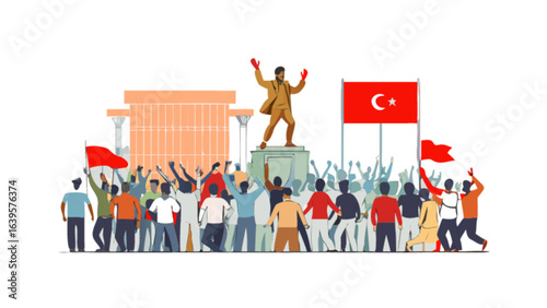 Illustration of turkish political rally with crowd of people and flag of turkey and statue of atatürk on podium