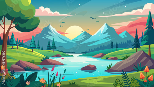 Vector art of vibrant cartoon landscape with majestic blue mountains, a winding river, lush green hills, and a colorful sunset sky, evoking a sense of natural beauty and adventure