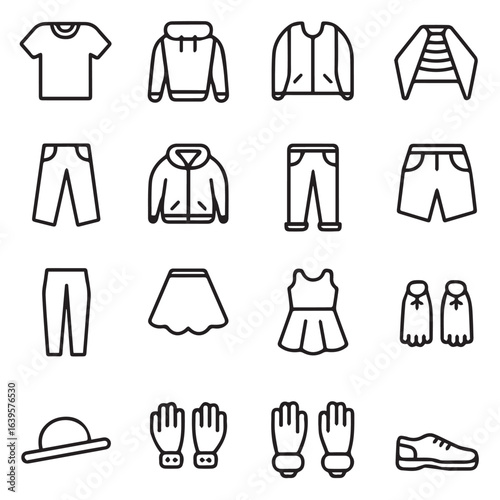 Collection of clothing items and accessories in outline illustration