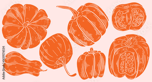 Orange pumpkins set in hand drawn linocut style
