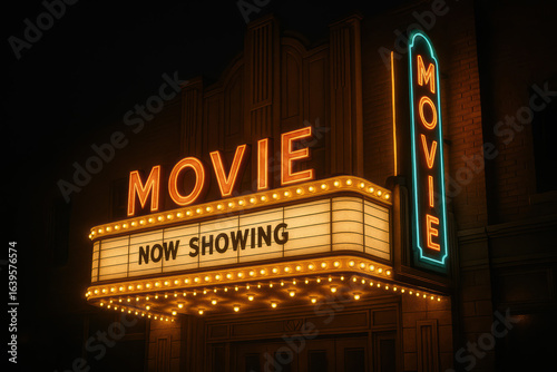 A vintage movie theater marquee illuminated at night. The sign displays 'MOVIE' and 'NOW SHOWING' in bright lights. The architecture features classic design elements.