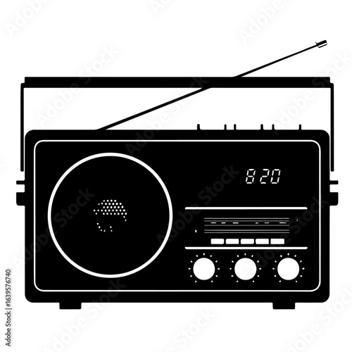 Black silhouette of a vintage portable radio with an antenna and digital display