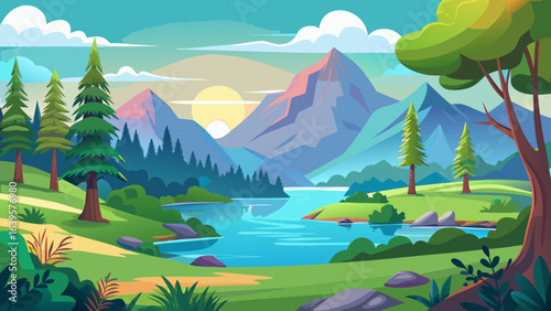 Vector art of vibrant cartoon landscape with majestic mountains, a serene river, lush green trees, and a bright sun setting over the horizon, creating a picturesque natural scene