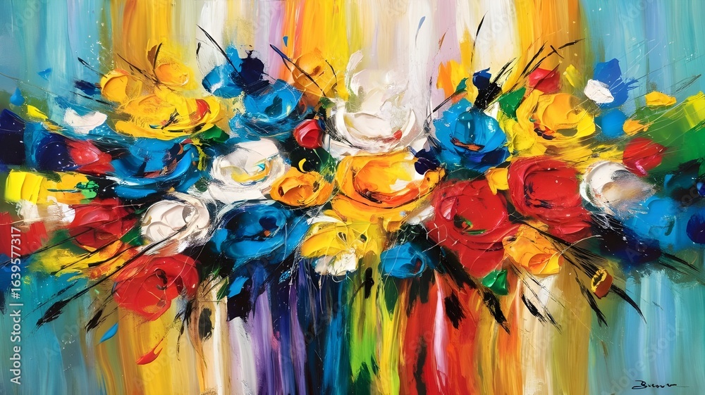 Fototapeta premium abstract painting of flowers in bold, expressive brushstrokes in reds, yellows, blues, and turquoise, creating burst of color and texture.