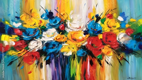 abstract painting of flowers in bold, expressive brushstrokes in reds, yellows, blues, and turquoise, creating  burst of color and texture.