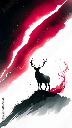 Watercolor illustration of a stag on hill, masterpiece art of stag silhouette with red sky
