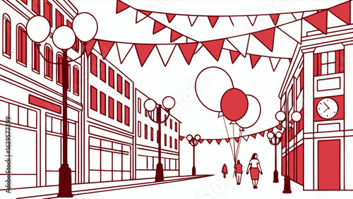 Festive city street celebration with balloons and flags vector illustration for event and party decoration
