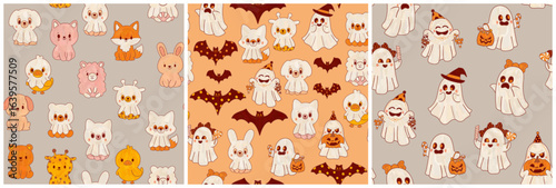 Three festive Halloween patterns set. Funny ghosts, animals in masquerade costumes.