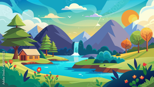 Vector art of charming cartoon scenery featuring a waterfall cascading into a river, surrounded by mountains, trees, and a sunny sky with clouds