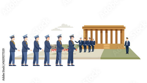Military funeral procession ceremony honoring fallen soldiers at memorial building vector illustration