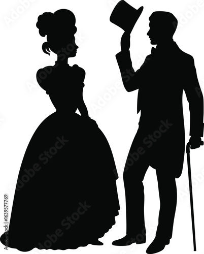 Victorian couple silhouette, vintage man tipping hat, elegant woman in gown, gentleman with cane, retro fashion outline, historical romance art, black shadow figure, classic style illustration