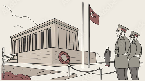 Anıtkabir mausoleum of atatürk illustration with turkish flag and guards of honor vector design