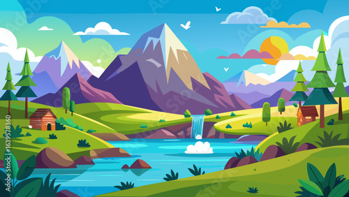 Vector art of majestic mountain range with a waterfall cascading into a clear river, surrounded by green hills and trees under a bright sky
