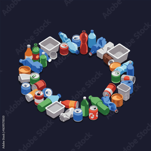 Isometric illustration of various recyclable waste items arranged in a circular pattern.