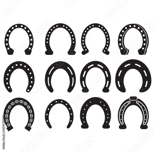 Horse Shoe A lucky metal horseshoe set an old western symbol of good fortune is isolated as a vector illustration on a black background