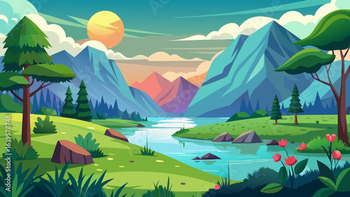 Vector art of a picturesque cartoon landscape featuring a tranquil river winding through a green valley, surrounded by mountains and trees, under a bright sun and cloudy sky