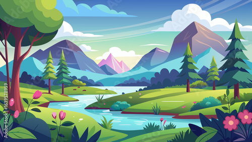 Vector art of idyllic cartoon landscape featuring a flowing river, rolling hills, and lush green trees under a clear blue sky with fluffy clouds, perfect for a peaceful nature scene