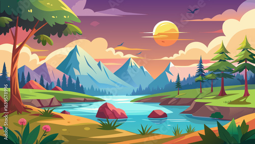 Vector art of enchanting cartoon landscape at dusk with a serene river, striking mountains, and silhouetted trees under a dramatic purple and orange sky with birds flying