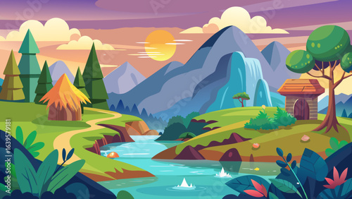 Vector art of charming cartoon landscape with mountains, a waterfall, a winding river, and quaint huts nestled among rolling green hills under a vibrant sky