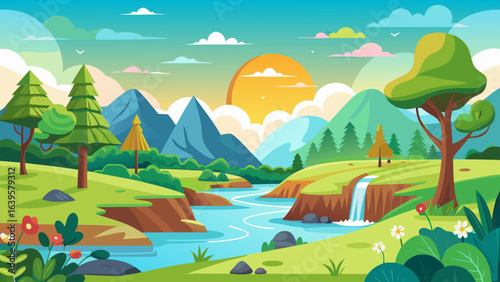 Vector art of idyllic cartoon landscape featuring a gentle waterfall cascading into a clear river in a peaceful valley with rolling hills and mountains under a sunny sky