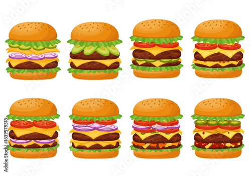 Eight cartoonstyle burgers each with unique toppings and fillings are aligned in a 2x4 grid