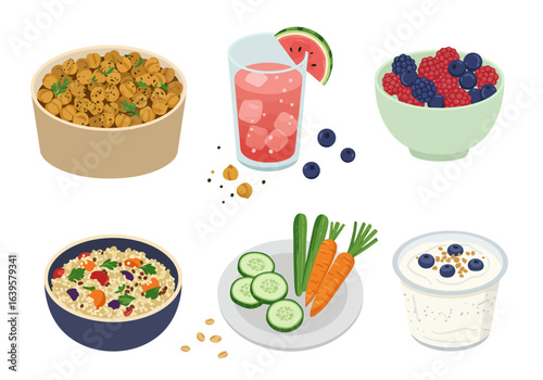 Food array chickpeas berries carrots yogurt and a watermelongarnished drink